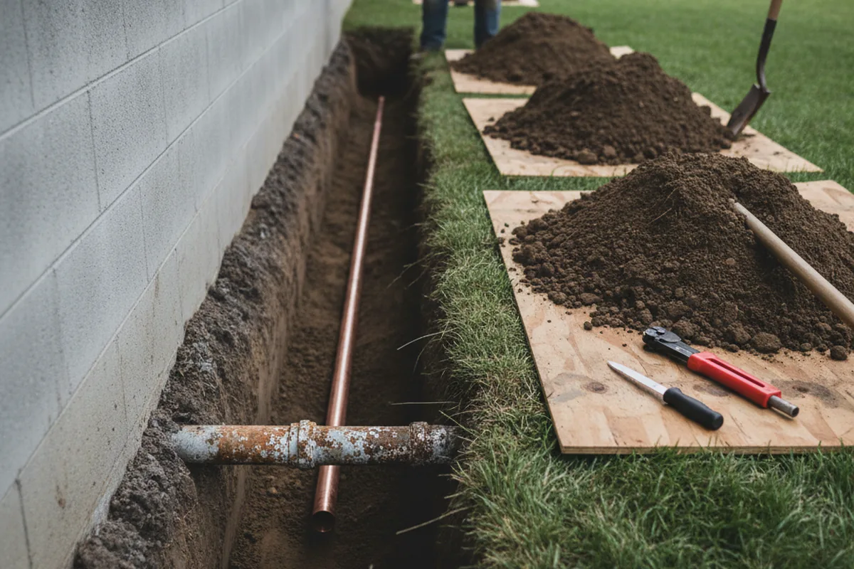 Excavated water line trench during Water Heater Repair in Driftwood